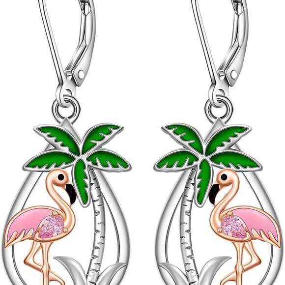 Sterling Silver Flamingo Dangle Earrings Rose Gold Tropical Gift for Women - Picture 1 of 9